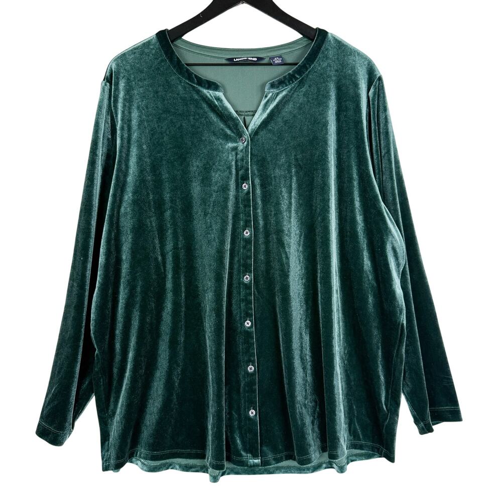 Lands' End Womens Green Velvet Button Up Blouse Shirt - Plus 2X 20W-22W